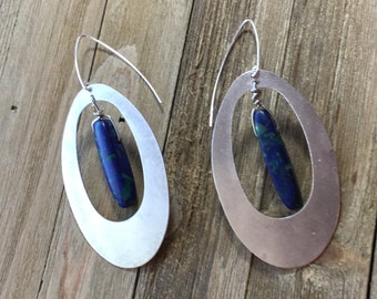 Chunky silver ovals with lapis malachite tooth beads suspended from 925 sterling silver ear wires