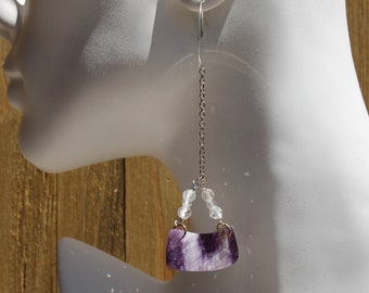 Amethyst semicircle shaped stone white topaz with delicate silver chain suspended from 925 sterling silver earwires