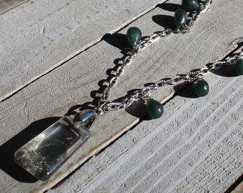 Garden quartz with green inclusions and serpentine briolette beads on a silver chain, closes with a lobster clasp