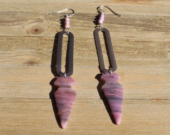 Rhodonite long stones with phosphosiderite beads suspended under silver ovals on 925 sterling silver earwires