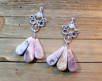 Long shoulder duster geometric pink Peruvian opals suspended from freeform findings w opalite & czech glass on 925 sterling silver earwires