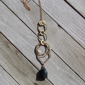 Green moss agate briolette gemstone pendant with gold geometric shapes on gold chain image 1