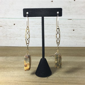 Chunky petrified wood tooth beads suspended from brass filigree bars on 14k gold filled ear wires image 1