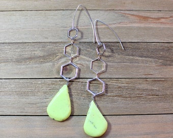 Bright yellow green magnesite stone drop shoulder duster earrings, suspended from silver hexagons on sterling silver ear wires