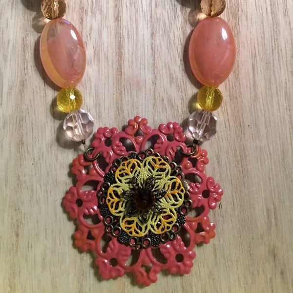 Upcycled cut metal colorful sunny pink bronze yellow multilayered metal flower with chunky pink, yellow, bronze beads on gold chain