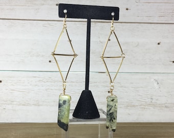 Chunky long semi-precious prehnite stick beads on geometric brass bars on 14k gold filled ear wires