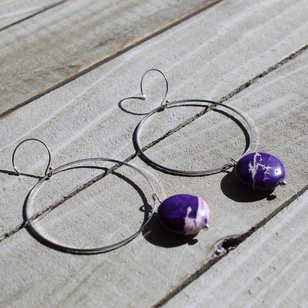 Dyed purple magnesite stone coin, suspended from skinny silver circle and hung from silver 925 sterling silver french hooks