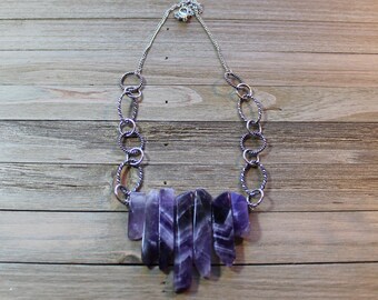 Genuine amethyst polished stick beads on decorative silver chain