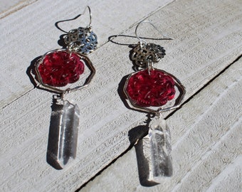 Chunky large pink carved tourmaline stones suspended from silver bubbles with octagon and clear quartz stones 925 sterling silver ear wires