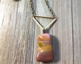 Petrified wood pendant on funky antique gold brass geometric chain