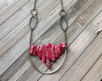 Beautiful red imperial sea sediment jasper stick bead stone necklace with antique gold U accent on funky golden geometric chain