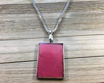 CLEARANCE! Pink enamel rectangle set in silver metal pendant on textured silver chain