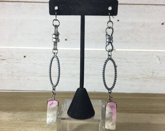 Chunky large Chinese tourmaline tooth beads suspended funky gunmetal links and on gunmetal ear wire shoulder duster earrings