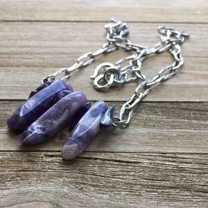 Genuine amethyst polished stick beads with amethyst chips on decorative silver chain image 1