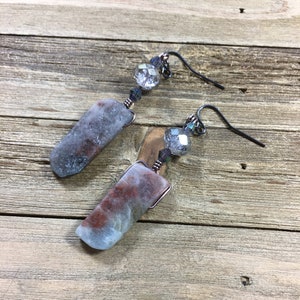 Sparkly and chunky brown and blue quartz with czech glass iridescent bead earrings on gunmetal ear wires image 1