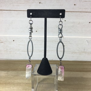 Chunky large Chinese tourmaline tooth beads suspended funky gunmetal links and on gunmetal ear wire shoulder duster earrings image 1