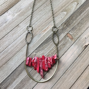 Beautiful red imperial sea sediment jasper stick bead stone necklace with antique gold U accent on funky golden geometric chain image 1