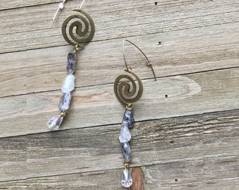 Herkimer diamonds and czech glass beads suspended on brass spiral shape on 14k gold filled ear wire shoulder duster earrings