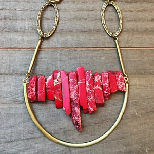 Beautiful red imperial sea sediment jasper stick bead stone necklace with antique gold U accent on funky golden geometric chain image 3