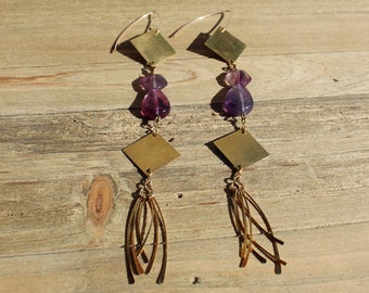 Octagon & teardrop purple and green fluorite suspended between brass squares with tassels, attached to 14k gold filled earwires