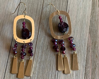 Rhodolite garnet round and briolette beaded earrings, with abstract gold oval findings on 14k gold filled earwires