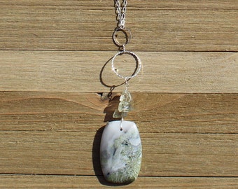 Green earth jasper rounded rectangle natural gemstone pendant with raw green amethyst & geometric silver on silver chain closes with s hook