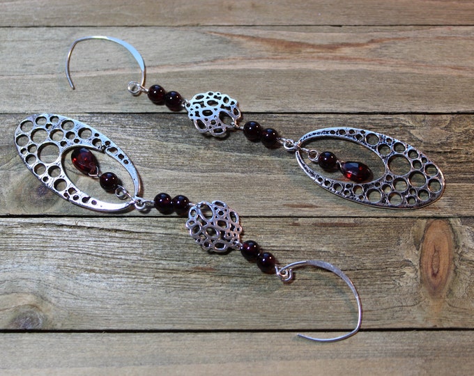 Featured listing image: Rhodolite garnet round and briolette beaded earrings, with abstract silver circle and oval findings on sterling silver earwires