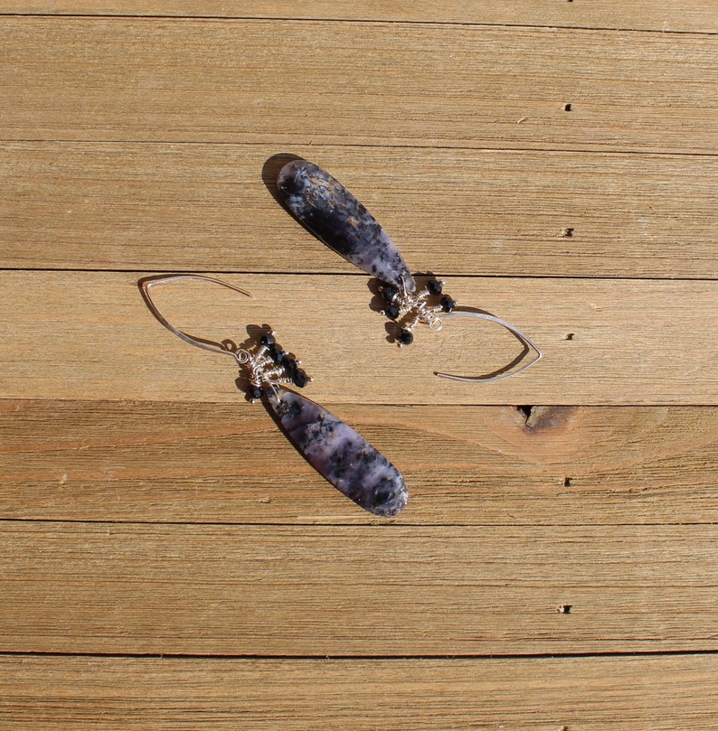 Arborization opal long briolettes with silver wire wrapped black spinel stones suspended on 925 sterling silver earwires