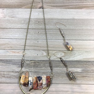 Chunky petrified wood tooth beads suspended from brass filigree bars on 14k gold filled ear wires image 3