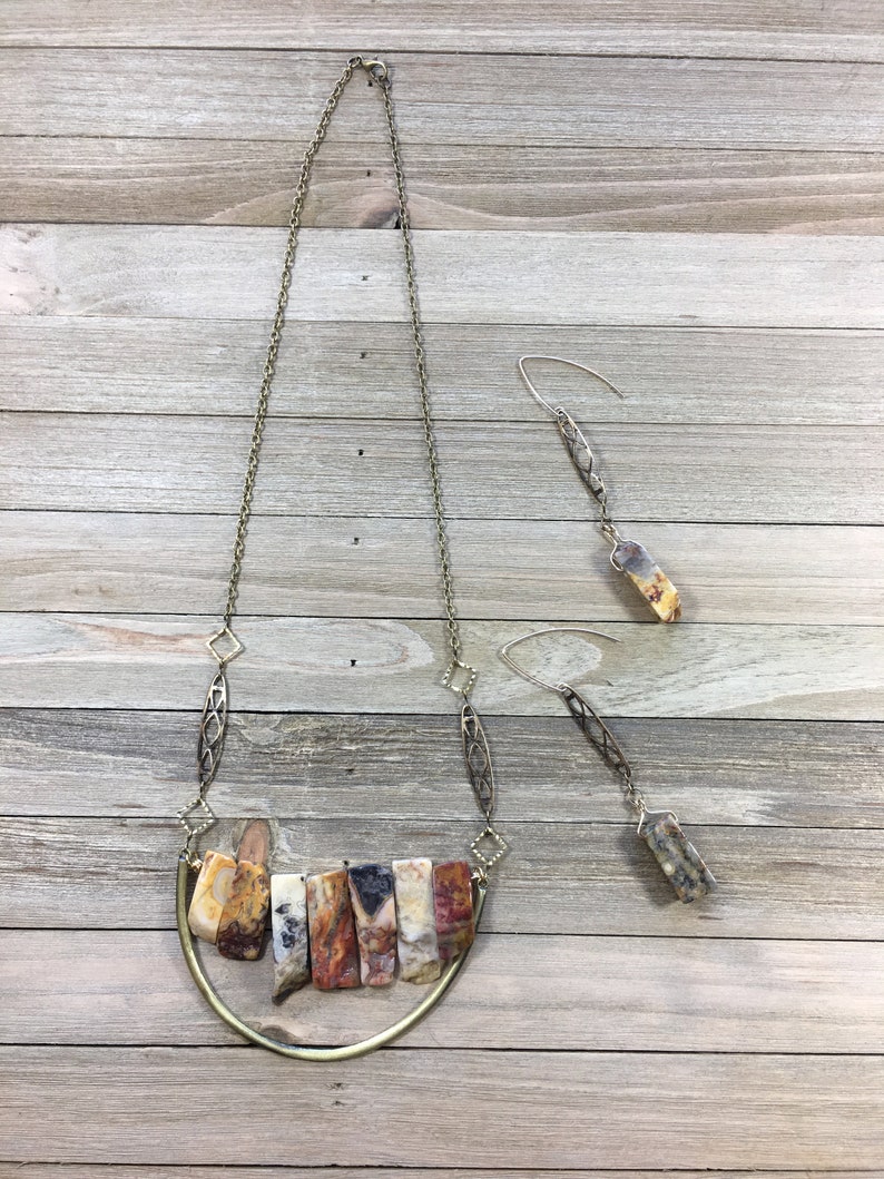 Chunky petrified wood tooth beads suspended from brass filigree bars on 14k gold filled ear wires image 3