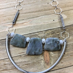 Trapezoid labradorite stones on u shaped finding with funky geometric silver and antique silver chain image 2