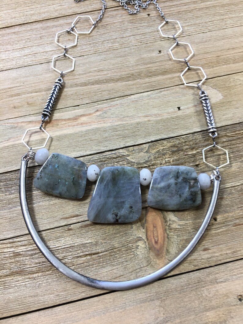 Trapezoid labradorite stones on u shaped finding with funky geometric silver and antique silver chain image 2