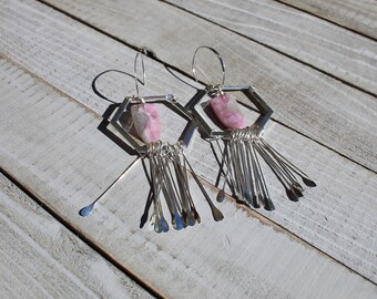 Chunky pink and grey Chinese tourmaline stones suspended in silver octagons with 925 sterling silver fringe on 925 sterling silver ear wires