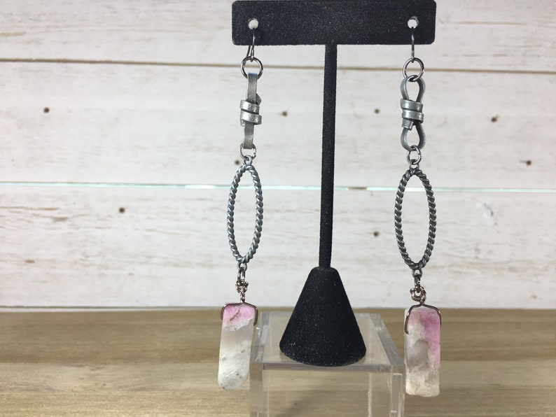 Chunky large Chinese tourmaline tooth beads suspended funky gunmetal links and on gunmetal ear wire shoulder duster earrings image 4