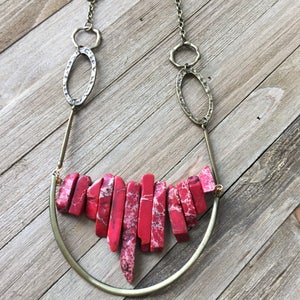 Beautiful red imperial sea sediment jasper stick bead stone necklace with antique gold U accent on funky golden geometric chain image 5