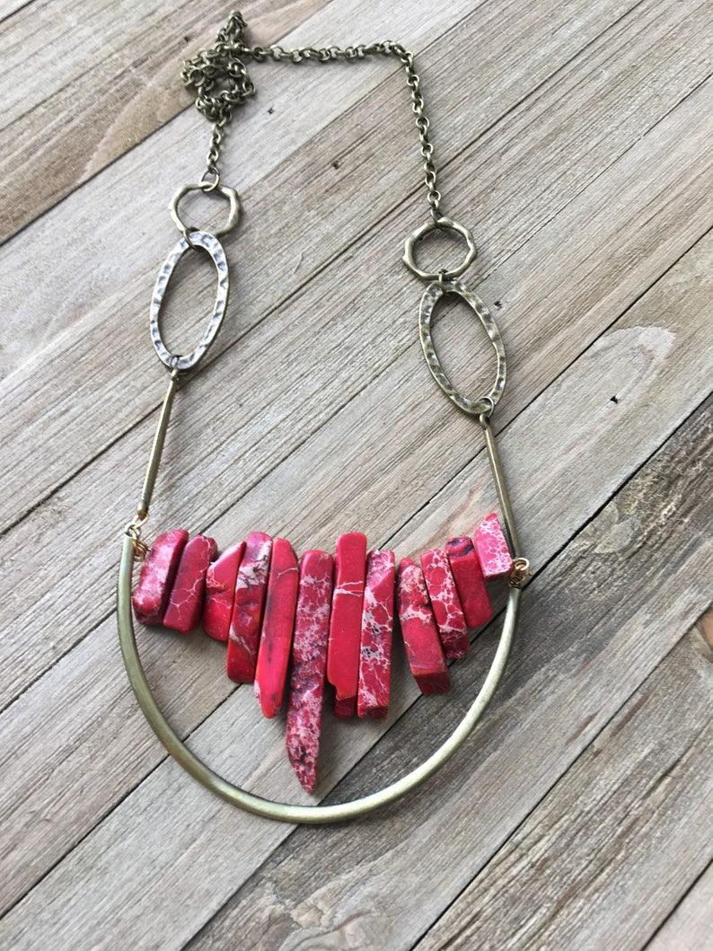 Beautiful red imperial sea sediment jasper stick bead stone necklace with antique gold U accent on funky golden geometric chain image 5