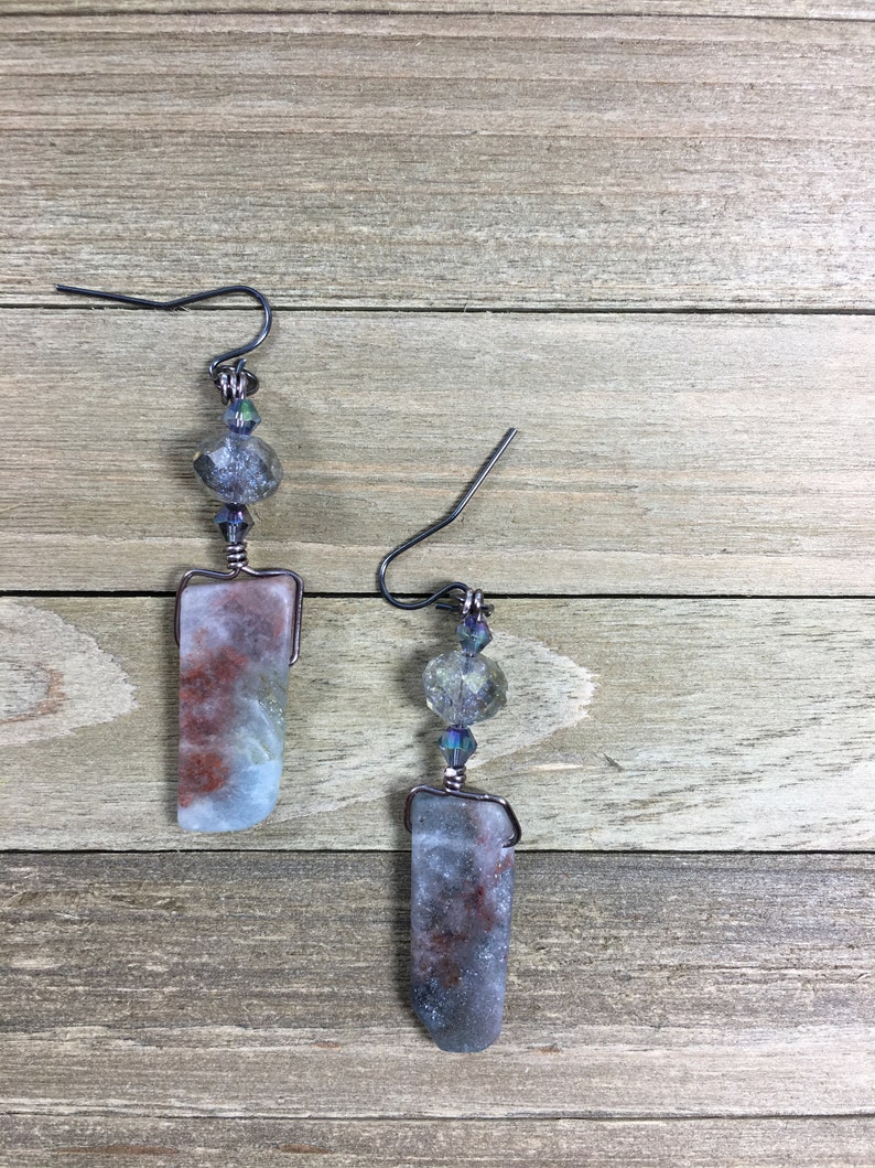 Sparkly and chunky brown and blue quartz with czech glass iridescent bead earrings on gunmetal ear wires image 3