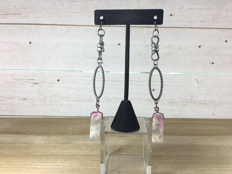 Chunky large Chinese tourmaline tooth beads suspended funky gunmetal links and on gunmetal ear wire shoulder duster earrings image 6