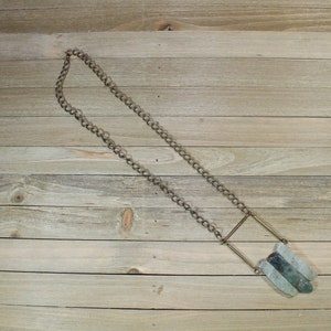 Geometric brass and dark / light green prehnite stick beads with brass findings on long antique brass chain image 2