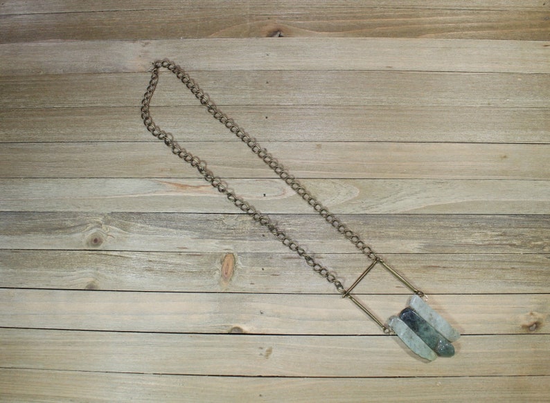 Geometric brass and dark / light green prehnite stick beads with brass findings on long antique brass chain image 2