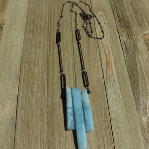 Raw aquamarine stick bead pendant with gunmetal geometric shapes on long gunmetal chain image 7