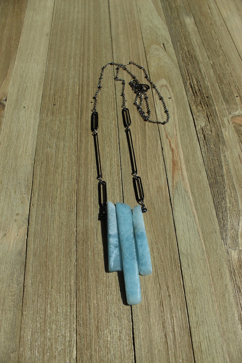 Raw aquamarine stick bead pendant with gunmetal geometric shapes on long gunmetal chain image 7