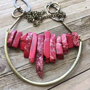 Beautiful red imperial sea sediment jasper stick bead stone necklace with antique gold U accent on funky golden geometric chain image 2