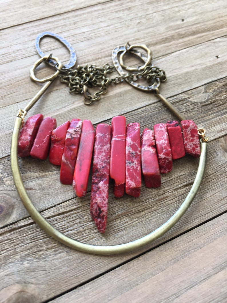 Beautiful red imperial sea sediment jasper stick bead stone necklace with antique gold U accent on funky golden geometric chain image 2
