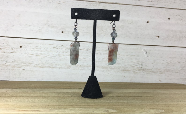 Sparkly and chunky brown and blue quartz with czech glass iridescent bead earrings on gunmetal ear wires image 4