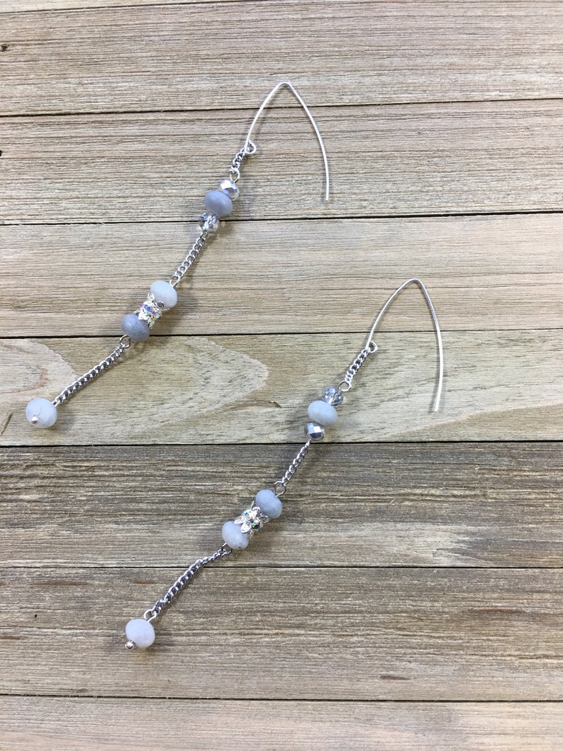 Shoulder duster labradorite, silver chain and silver rhinestone bead earrings suspended on 925 sterling silver ear wire image 4