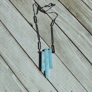 Raw aquamarine stick bead pendant with gunmetal geometric shapes on long gunmetal chain image 6
