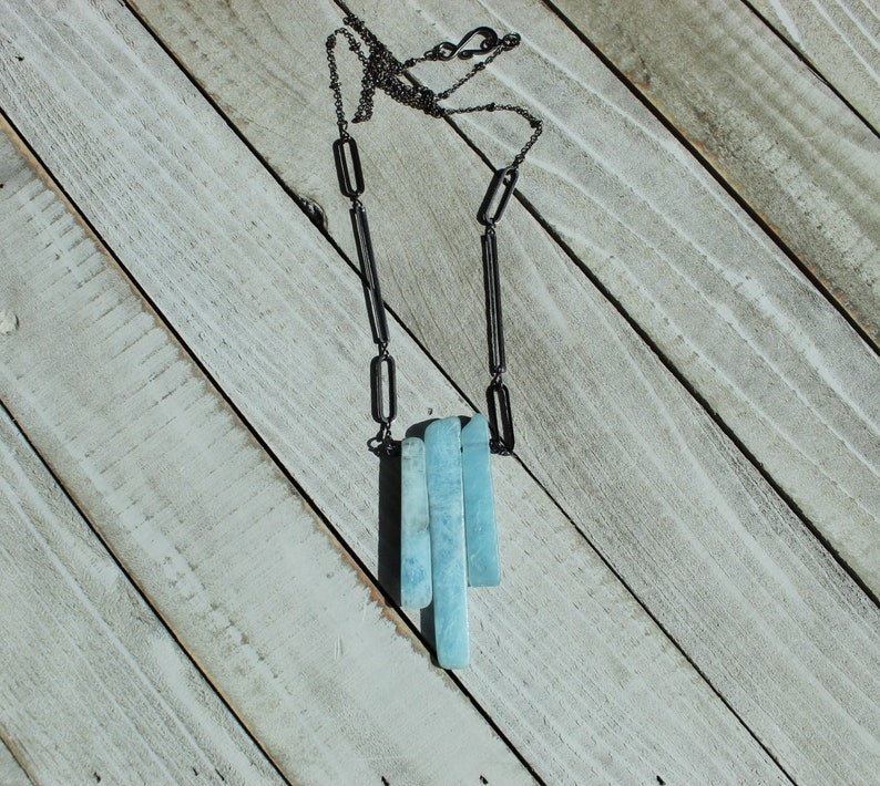 Raw aquamarine stick bead pendant with gunmetal geometric shapes on long gunmetal chain image 6