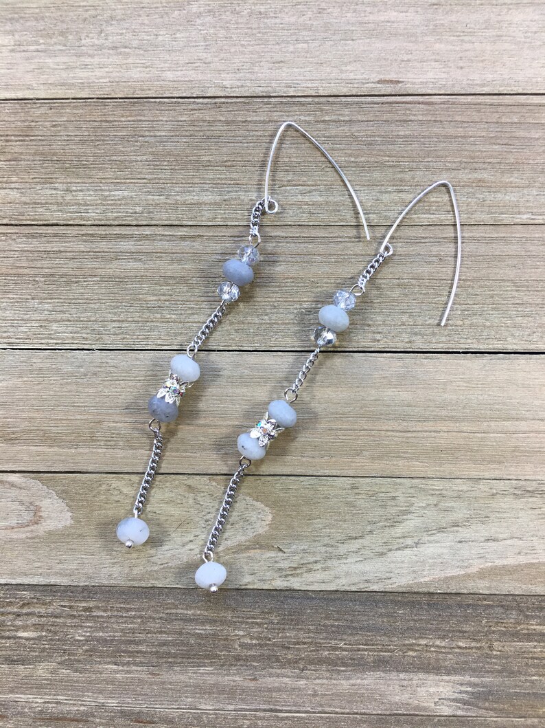 Shoulder duster labradorite, silver chain and silver rhinestone bead earrings suspended on 925 sterling silver ear wire image 5