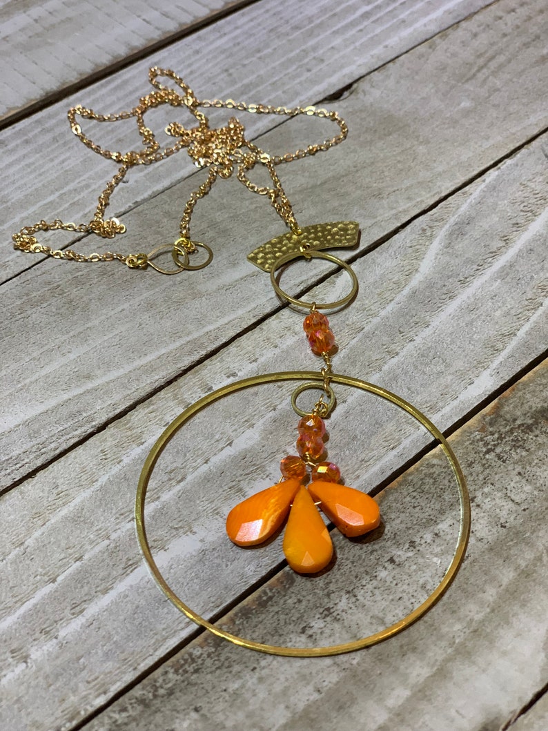 Faceted orange coral teardrops with czech glass beads hand wired to copper circle suspended on gold colored chain image 8